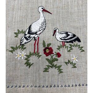 Vtg French Alsace Stork Linen Tray Cloth Cottage Embroidered Kitchen Home Family